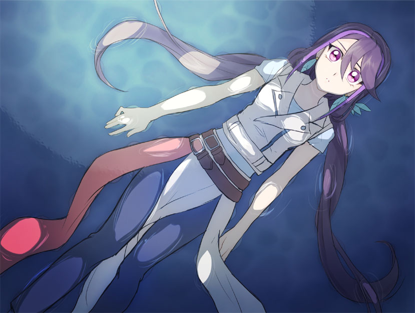 1girl bangs belt blue_pants brown_belt closed_mouth earrings from_above hair_between_eyes highlights jewelry kurosaki_ruri long_hair looking_at_viewer looking_up lying mechakucha multicolored_hair on_back pants parted_lips pink_eyes purple_hair short_sleeves solo two-tone_hair very_long_hair yuu-gi-ou yuu-gi-ou_arc-v