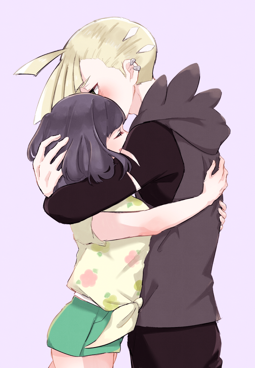 1boy 1girl bangs black_hair blonde_hair blush closed_eyes commentary_request ear_piercing eyelashes floral_print gladio_(pokemon) green_shorts hand_on_another's_head height_difference highres hood hood_down hoodie hug mizuki_(pokemon) myuuu_ay piercing pokemon pokemon_(game) pokemon_sm shirt short_shorts short_sleeves shorts simple_background tied_shirt