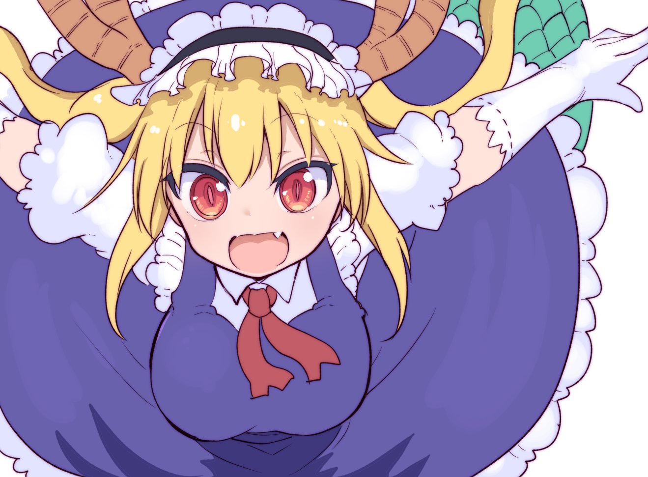 1girl bangs blonde_hair blue_dress breasts collared_dress cool-kyou_shinja dragon_girl dragon_horns dragon_tail dress elbow_gloves eyebrows_visible_through_hair fang gloves horns kobayashi-san_chi_no_maidragon large_breasts long_hair looking_at_viewer maid_headdress neck_ribbon open_mouth outstretched_arms puffy_short_sleeves puffy_sleeves red_eyes red_ribbon ribbon shiny shiny_hair short_sleeves simple_background slit_pupils smile solo tail tongue tooru_(maidragon) white_background white_gloves