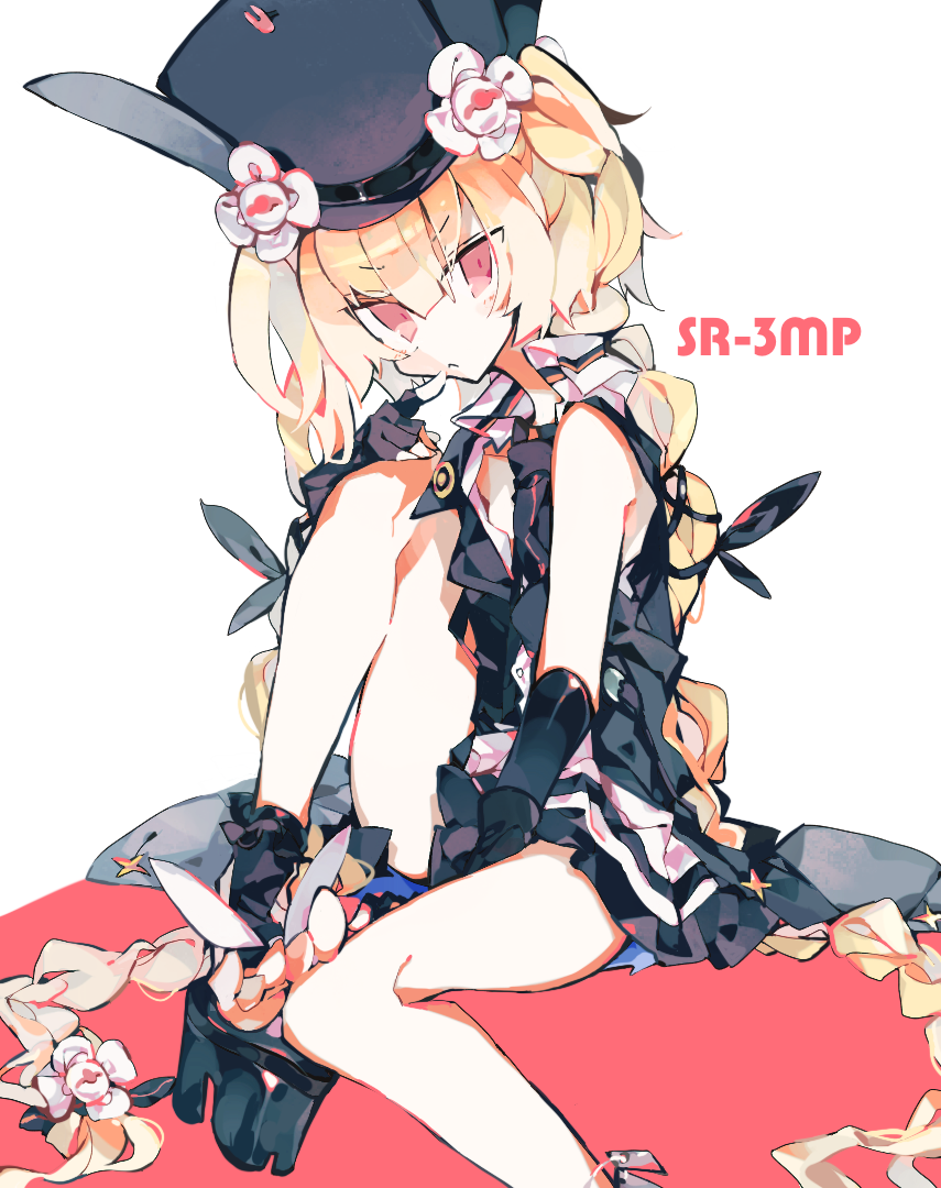 1girl bare_shoulders black_footwear black_gloves black_headwear black_shirt black_skirt blonde_hair braid character_name commentary_request finger_to_mouth fingerless_gloves girls_frontline gloves hair_between_eyes hat knee_up long_hair looking_at_viewer meto_(metrin) open_clothes open_shirt platform_boots red_eyes shirt sitting skirt sleeveless sleeveless_shirt solo sr-3mp_(girls_frontline) very_long_hair white_background