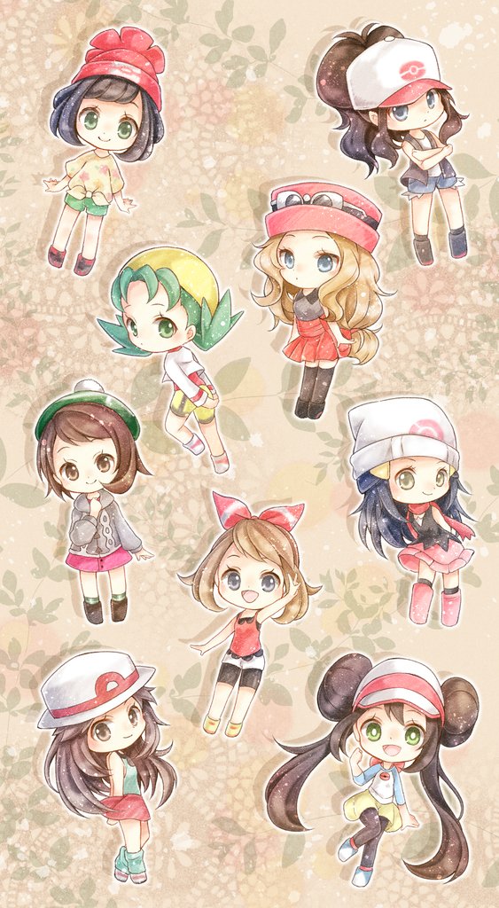 6+girls baseball_cap beanie bike_shorts black_hair black_legwear black_vest blue_(pokemon) blue_eyes boots bow brown_eyes brown_footwear brown_hair cardigan chibi closed_mouth commentary_request crystal_(pokemon) dress eyelashes green_eyes green_hair green_headwear green_legwear grey_cardigan hair_ornament haruka_(pokemon) hat hikari_(pokemon) light_brown_hair long_hair looking_at_viewer mei_(pokemon) mizuki_(pokemon) multiple_girls pink_bow pink_dress pink_footwear pink_headwear pokemon pokemon_(game) pokemon_bw pokemon_bw2 pokemon_dppt pokemon_frlg pokemon_gsc pokemon_oras pokemon_sm pokemon_swsh pokemon_xy porkpie_hat raglan_sleeves red_headwear red_skirt red_tank_top scarf serena_(pokemon) shirt short_hair short_sleeves shorts skirt smile socks sunglasses tam_o'_shanter tank_top thighhighs tied_shirt touko_(pokemon) vest visor_cap white_headwear white_shorts yellow_shorts yomogi_(black-elf) yuuri_(pokemon)