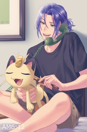 1boy blue_hair brushing gen_1_pokemon gi_xxy green_eyes hair_brush kojirou_(pokemon) lowres male_focus meowth phone pokemon pokemon_(anime) pokemon_(creature) ponytail purple_hair team_rocket