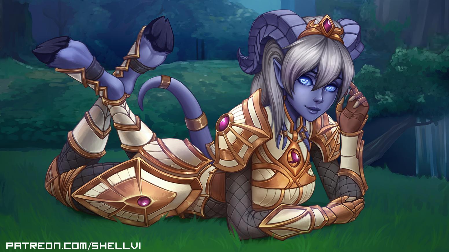 1girl armor armored_boots artist_name blue_eyes blue_skin boots breastplate breasts cleavage closed_mouth draenei forest gauntlets gem gold_armor grass grey_hair hair_between_eyes hoof horns jewelry long_hair looking_at_viewer lying medium_breasts nature on_stomach outdoors pointy_ears shellvi shoulder_armor silver_hair smile solo tail tiara tree warcraft watermark web_address world_of_warcraft