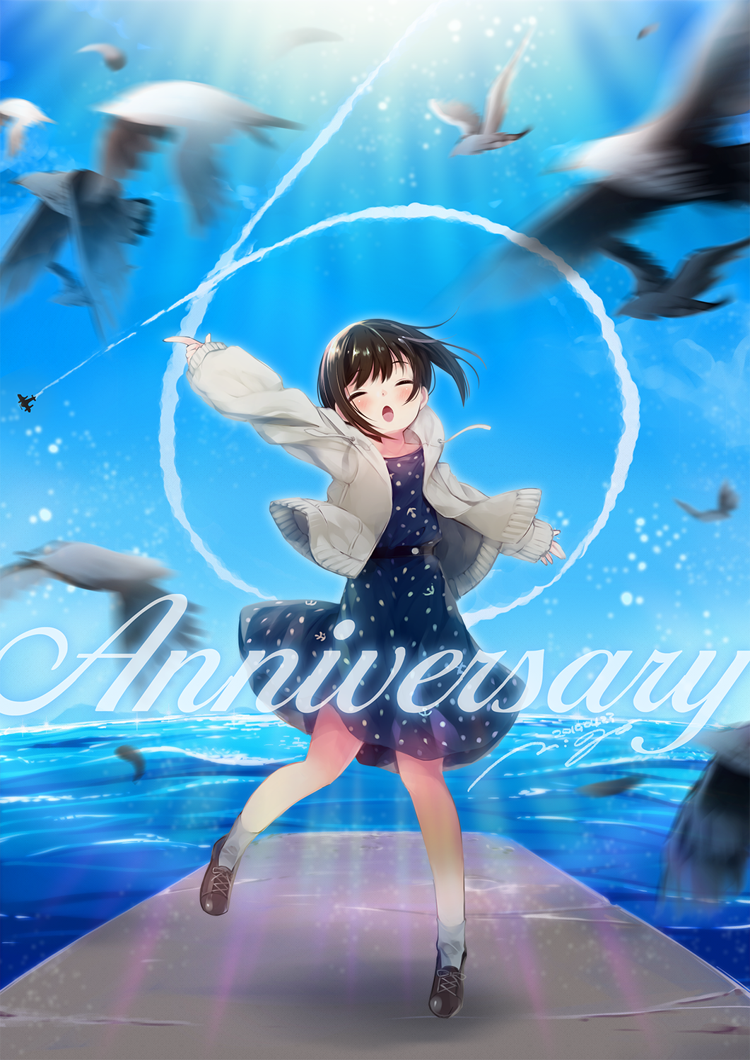 1girl 6+others aircraft airplane anchor_symbol anniversary bird black_footwear black_hair blue_dress blue_sky casual circle closed_eyes cloud commentary_request condensation_trail cross-laced_footwear day drawstring dress fubuki_(kantai_collection) full_body grey_legwear happy highres hood hooded_jacket hoodie jacket jumping kantai_collection light_rays low_ponytail motion_blur multiple_others nigo number open_mouth outdoors polka_dot polka_dot_dress ponytail seagull shoelaces short_ponytail sidelocks sky socks sunbeam sunlight white_jacket