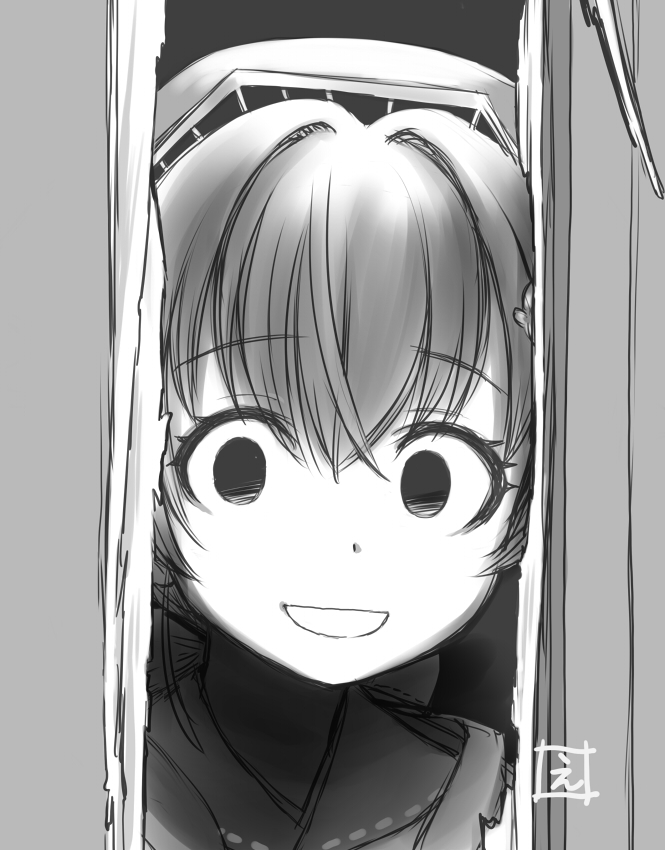 1girl bandana commentary_request ebifly empty_eyes eyebrows_visible_through_hair greyscale hair_between_eyes headgear here's_johnny! jingei_(kantai_collection) kantai_collection monochrome open_mouth parody signature solo the_shining