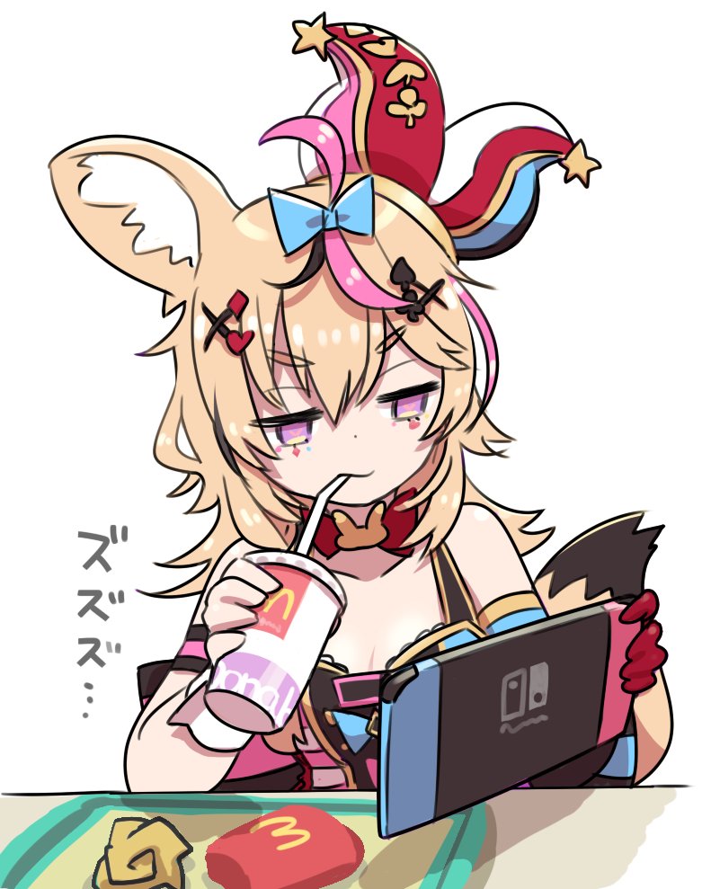 animal_ears blonde_hair breasts cleavage commentary_request cup disposable_cup drinking drinking_straw eyebrows_visible_through_hair fox_ears fox_girl fox_tail hair_between_eyes hair_ornament hairclip hat heart heart-shaped_pupils holding hololive jester_cap mcdonald's medium_breasts nintendo_switch omaru_polka purple_eyes simple_background sitting symbol-shaped_pupils tail tray virtual_youtuber white_background yoshida_on