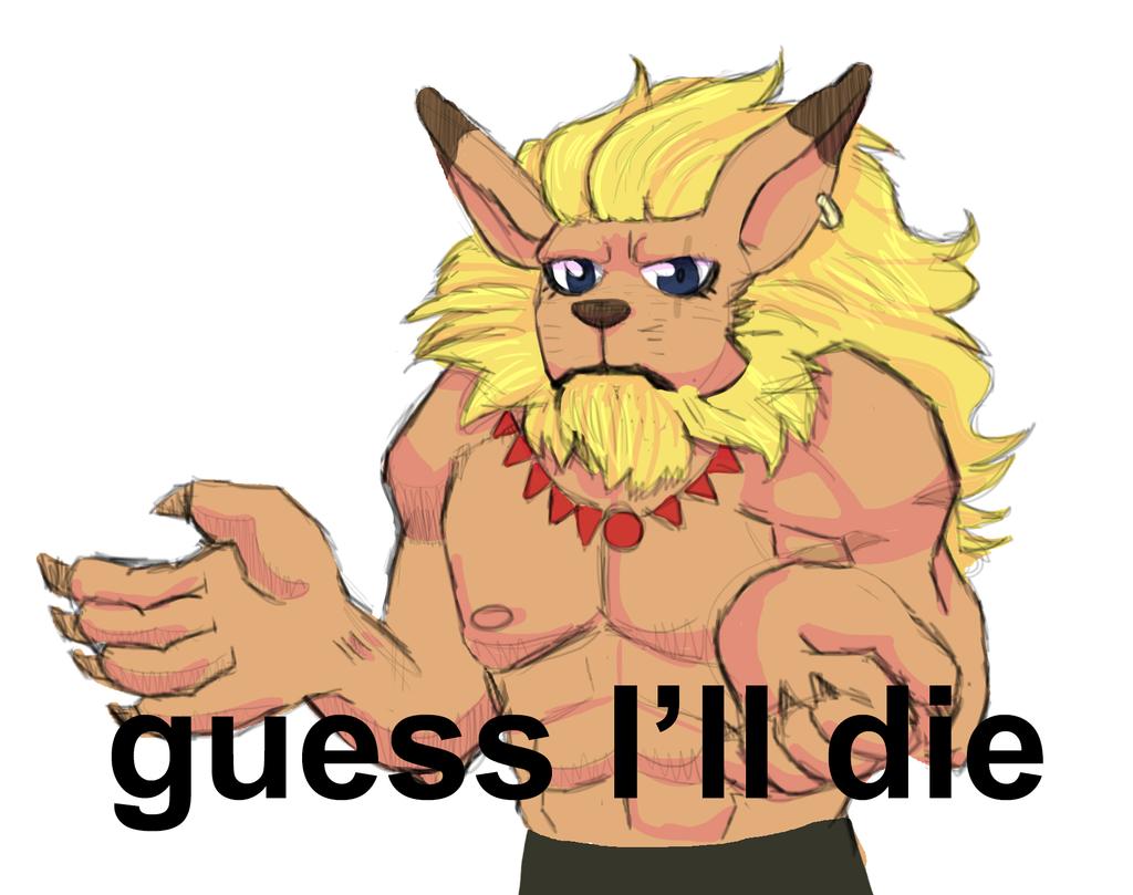 abs ambiguous_gender anthro biceps black_nose blue_eyes bottomwear brown_hair claws clothed clothing collar digimon digimon_(species) ear_piercing facial_hair felid feline fur guess_i'll_die hair leomon lion long_ears looking_at_viewer male mammal mane meme muscular muscular_anthro muscular_male pantherine pants piercing scar simple_background solo text time-lime_(artist) topless yellow_body yellow_fur