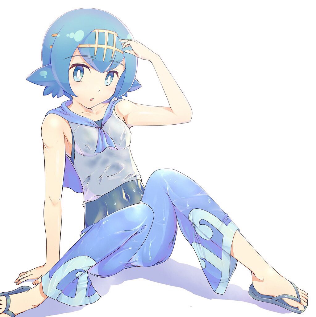 1girl :o arm_up bangs blue_eyes blue_hair blue_pants blue_sailor_collar breasts commentary_request covered_navel eyebrows_visible_through_hair flip-flops gekishinn gold_hairband hairband looking_at_viewer one-piece_swimsuit open_mouth pants pokemon pokemon_(game) pokemon_sm sailor_collar sandals shirt short_hair sleeveless small_breasts solo suiren_(pokemon) swimsuit swimsuit_under_clothes toes tongue trial_captain wet wet_clothes