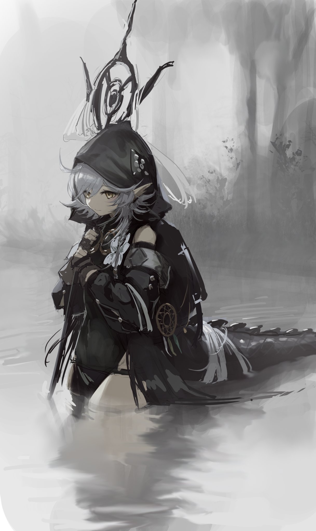 1girl ahoge arknights bangs black_gloves closed_mouth crocodilian_tail detached_sleeves dream_catcher eyebrows_visible_through_hair fog gloves goggles goggles_around_neck grey_hair hara_shoutarou highres holding holding_staff hood hood_up large_tail outdoors partially_submerged partly_fingerless_gloves pointy_ears solo staff tail tomimi_(arknights) water yellow_eyes