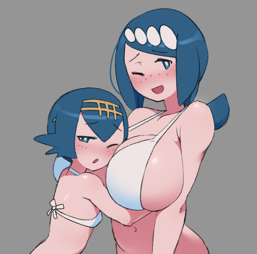2girls age_difference alternate_breast_size annue_(annueart) bangs bikini blue_eyes blue_hair blush breasts commentary english_commentary eyebrows_visible_through_hair freckles gold_hairband grey_background hairband long_hair looking_to_the_side mature mother_and_daughter multiple_girls navel one_eye_closed open_mouth pokemon pokemon_(anime) pokemon_sm_(anime) raised_eyebrows shiny shiny_skin short_hair suiren's_mother_(pokemon) suiren_(pokemon) swimsuit white_bikini