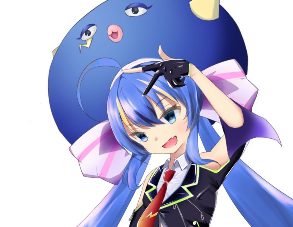 1girl ahoge black_gloves black_shirt blue_eyes blue_hair blue_headwear commentary eel_hat fang gloves hand_up kkonex1 large_hat long_hair necktie open_mouth otomachi_una partly_fingerless_gloves red_neckwear shirt shoulder_cutout skin_fang smile solo twintails upper_body vocaloid w white_background