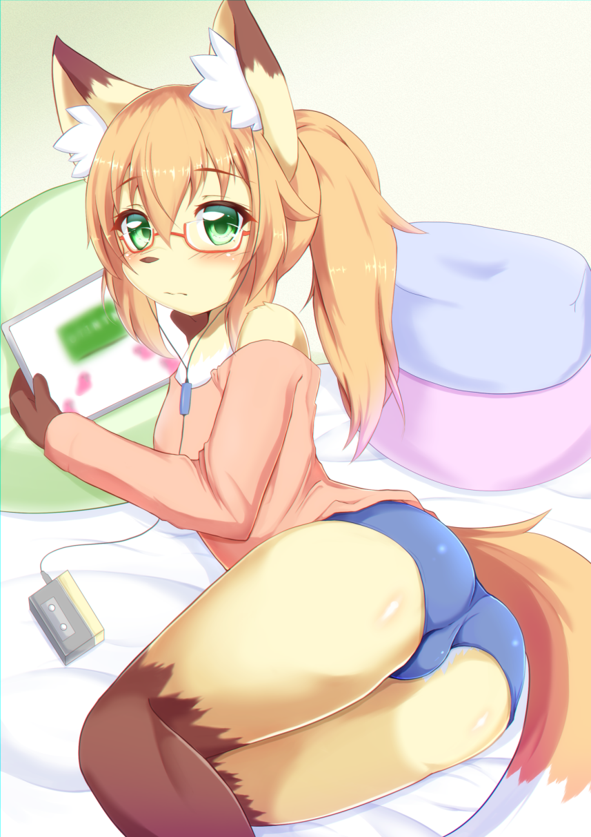 2020 anthro bed bell☆ blush brown_body brown_fur bulge canid canine eyewear fox fur furniture girly glasses green_eyes hair hi_res looking_at_viewer lying male mammal on_side orange_hair pillow solo yellow_body yellow_fur