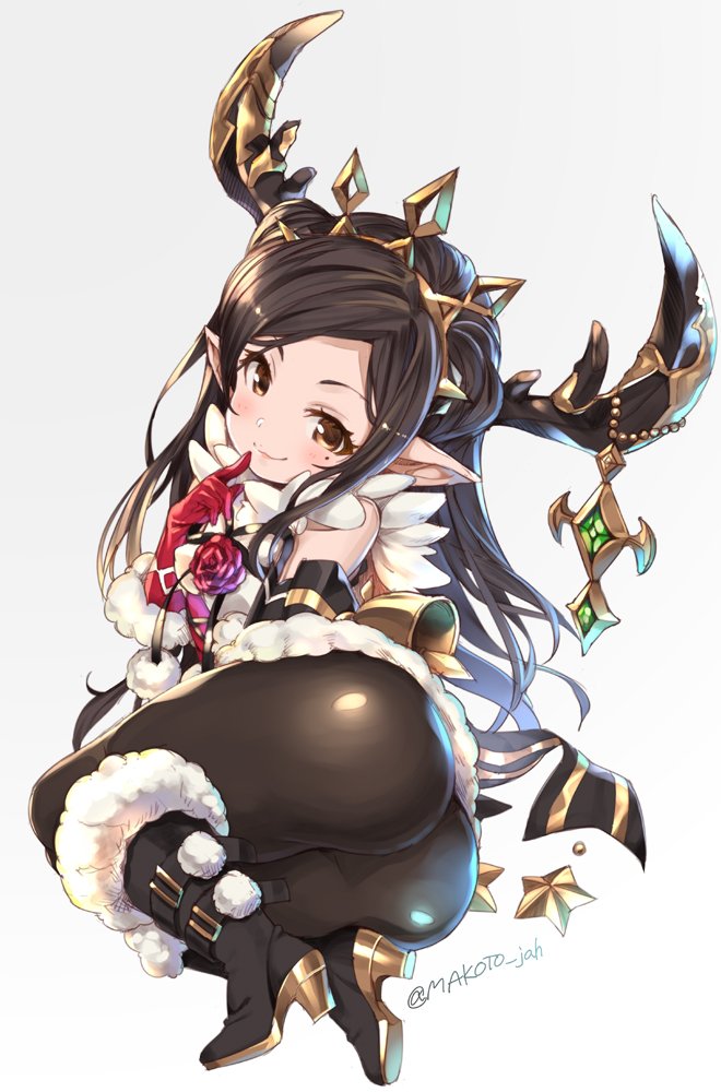 arulumaya ass black_hair blush boots brooch brown_eyes christmas commentary_request finger_to_mouth flower fur_collar fur_trim gloves granblue_fantasy harvin high_heel_boots high_heels horned_headwear jewelry long_hair lying mizuki_makoto mole mole_under_eye on_side pantyhose pointy_ears red_gloves rose smile thick_thighs thighs tiara
