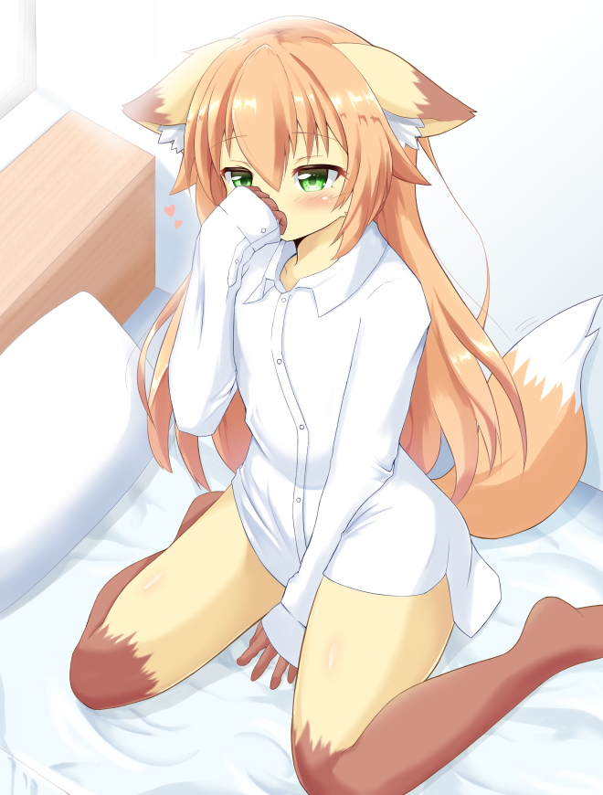 &lt;3 2020 ambiguous_gender anthro bed bell☆ blush brown_body brown_fur canid canine clothed clothing fox fur furniture green_eyes kneeling mammal orange_body orange_fur pillow solo white_body white_fur yellow_body yellow_fur