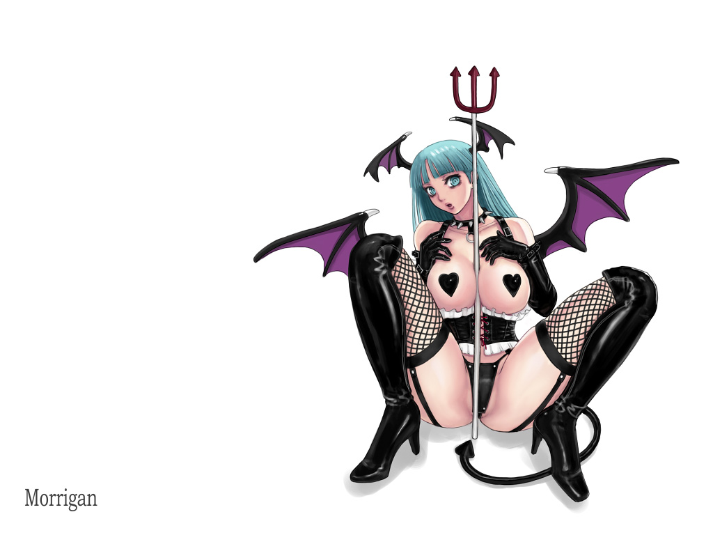 aqua_eyes aqua_hair ark_(morita_hitomi) bare_shoulders between_breasts black_gloves black_panties boots breasts character_name choker collar demon_girl elbow_gloves fishnet_legwear fishnets gloves high_heels long_hair morrigan_aensland panties pasties purple_wings shoes solo spiked_collar spikes spread_legs succubus tail thighhighs underwear vampire_(game) wings