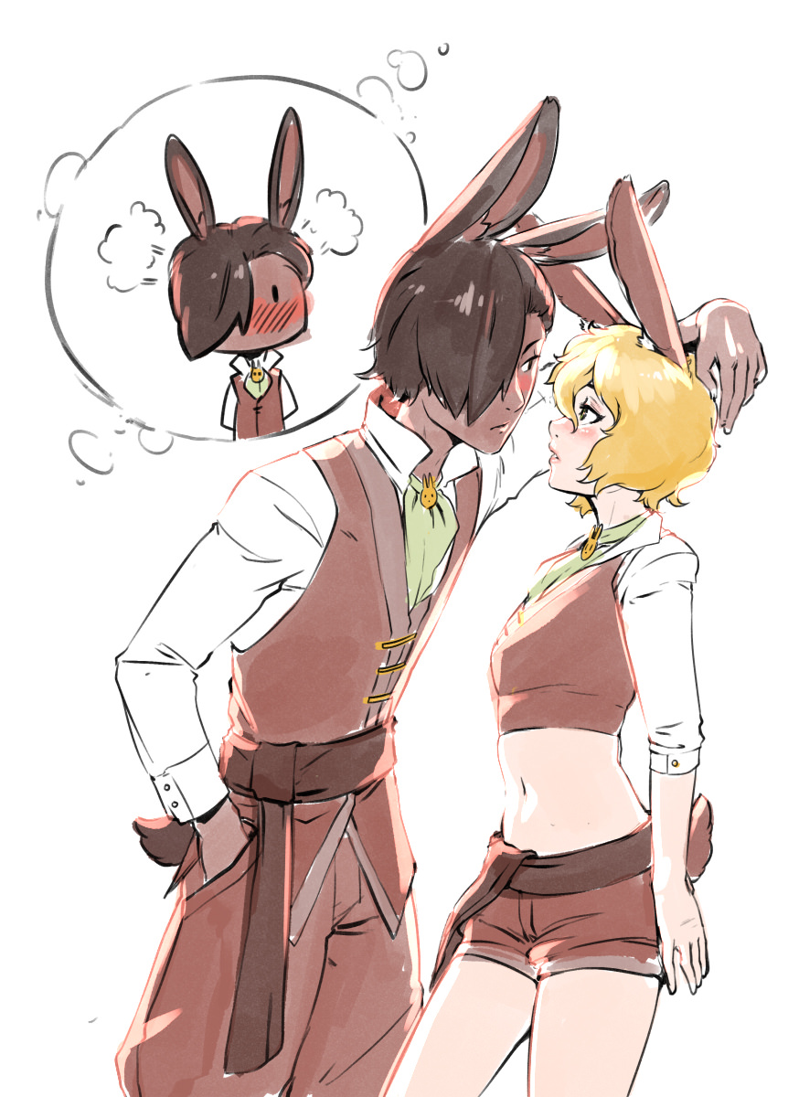 1boy 1girl animal_ears arm_up blonde_hair blush breasts brit_(d-rex) brown_shorts brown_vest bunny_boy bunny_ears bunny_girl bunny_ornament bunny_tail commentary cowboy_shot crop_top d-rex embarrassed eye_contact hair_between_eyes hair_over_one_eye hand_in_pocket highres leaning_forward long_sleeves looking_at_another midriff navel original shirt shorts simple_background small_breasts steam tail vest white_background white_shirt