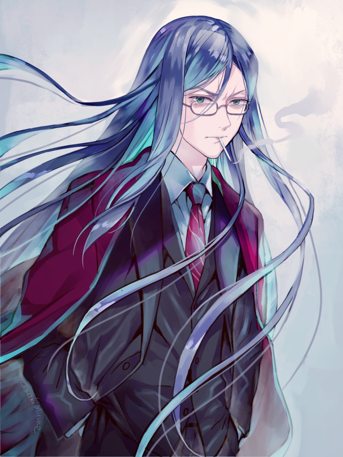 1boy black_clothes black_hair black_jacket black_pants black_shirt business_suit fate/grand_order fate_(series) formal glasses jacket long_hair long_sleeves looking_at_viewer lord_el-melloi_ii lord_el-melloi_ii_case_files male_focus necktie neckwear pants red_neckwear shirt simple_background solo suit tamaki_mitsune waver_velvet white_background