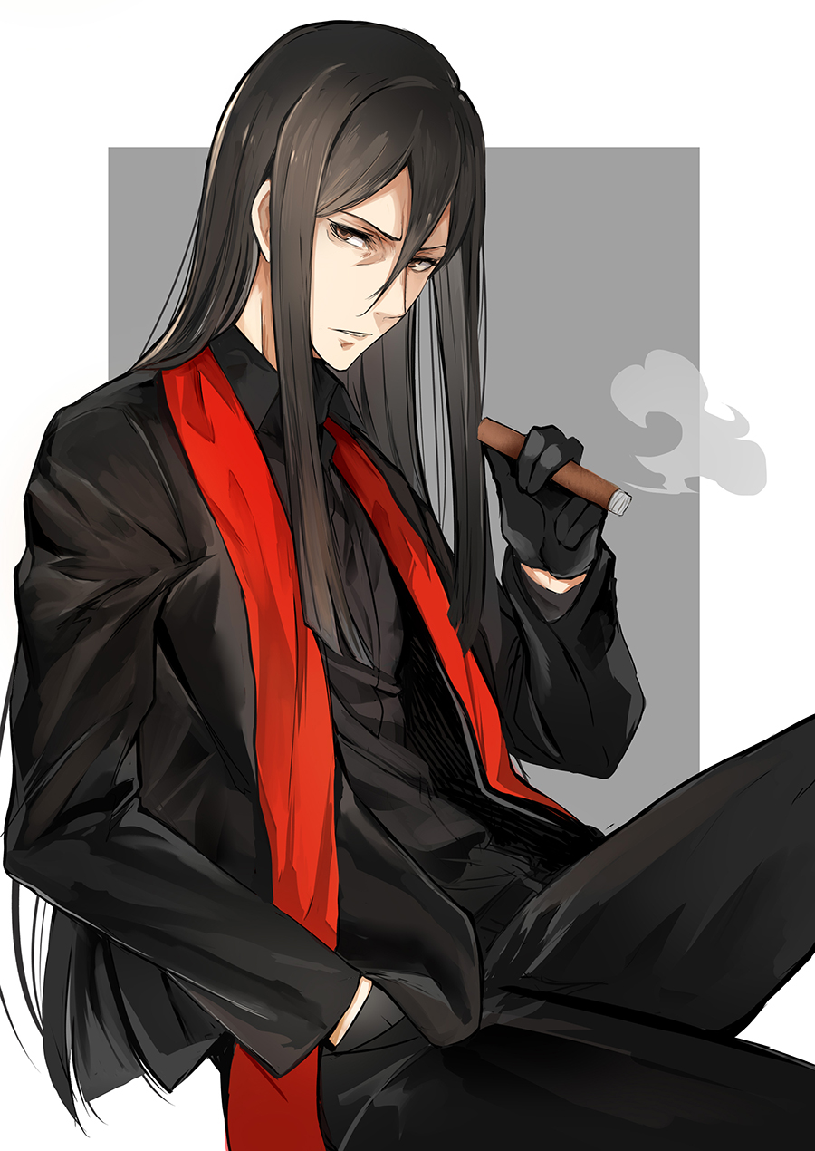 1boy black_clothes black_gloves black_hair black_jacket black_pants black_shirt business_suit cigar fate/grand_order fate_(series) formal gloves hair_between_eyes highres jacket long_hair long_sleeves looking_at_viewer lord_el-melloi_ii lord_el-melloi_ii_case_files luse_maonang male_focus necktie neckwear pants red_neckwear shirt simple_background smoking solo suit waver_velvet white_background