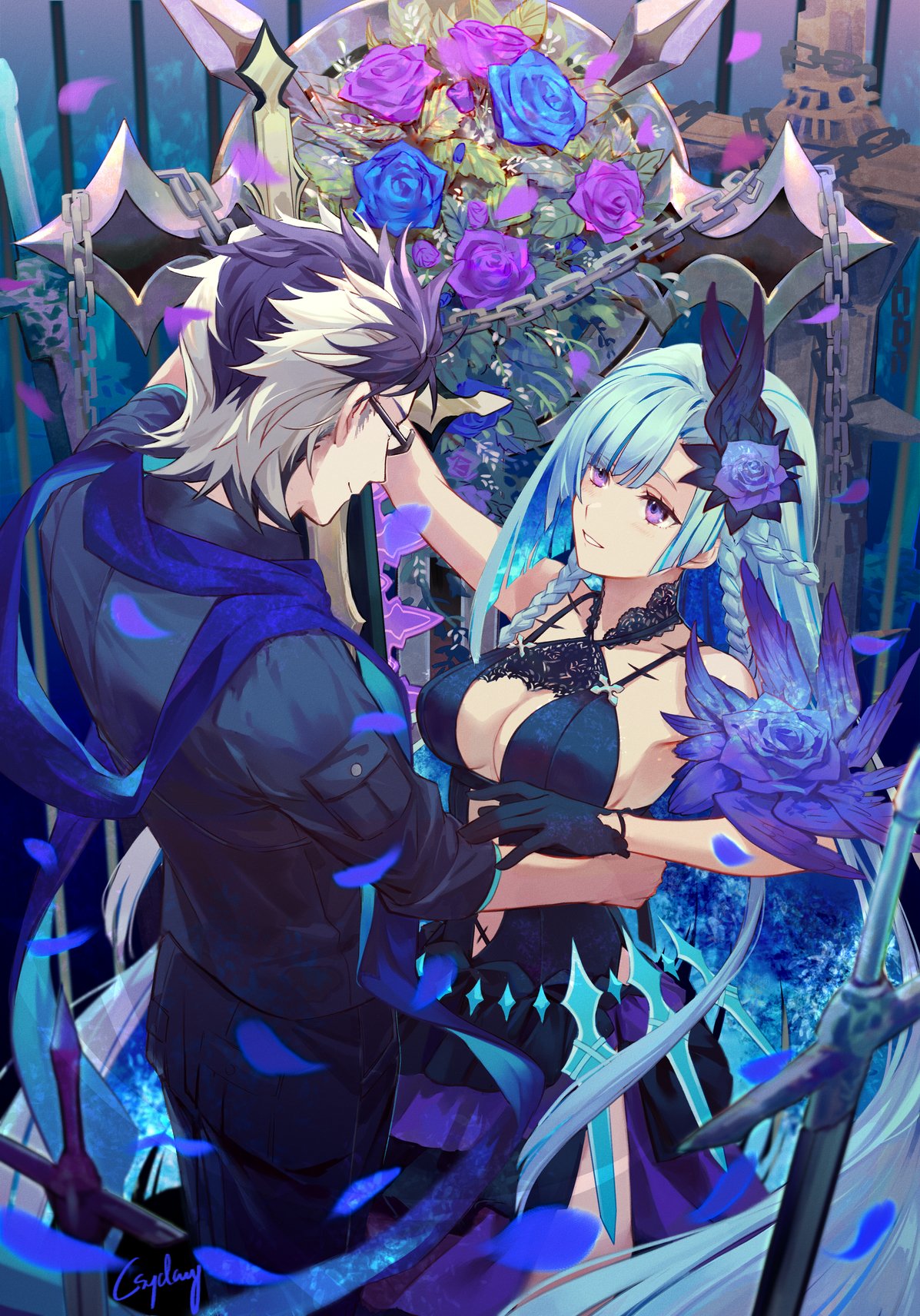 1boy 1girl alternate_costume alternate_hairstyle arm_up asymmetrical_bangs bangs black_dress black_gloves blue_flower blue_hair blue_pants blue_petals blue_rose blue_scarf blue_shirt blue_theme braid breasts brynhildr_(fate) chain cleavage cleavage_cutout closed_mouth cowboy_shot csyday dancing dress eyebrows_visible_through_hair eyes_visible_through_hair falling_petals fate/grand_order fate_(series) flower glasses gloves hair_between_eyes hair_ornament halter_dress halterneck hand_on_another's_waist highres leaf long_hair looking_at_another medium_breasts multicolored_hair open_mouth pants plant planted_sword planted_weapon purple_eyes purple_flower purple_hair purple_rose rose scarf shirt short_hair signature sigurd_(fate/grand_order) sleeves_rolled_up smile spiked_hair standing sword two-tone_hair weapon white_hair