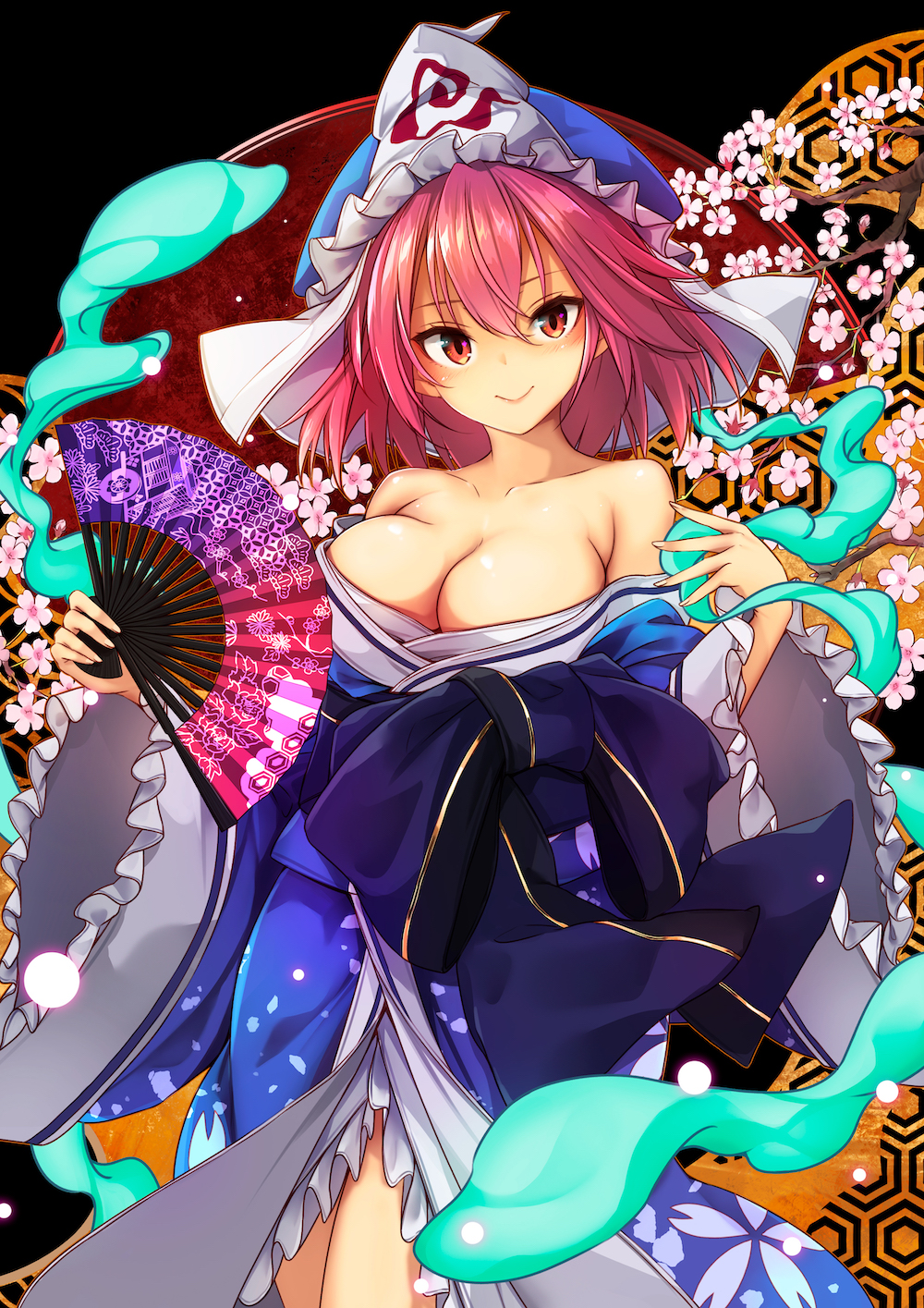 .sin 1girl black_bow blue_bow blue_kimono bow breasts bug butterfly cherry_blossoms cleavage fan folding_fan frilled_kimono frills hat highres insect japanese_clothes kimono large_breasts long_sleeves looking_at_viewer mob_cap obi pink_hair red_eyes saigyouji_yuyuko sash short_hair smile solo touhou triangular_headpiece wavy_hair wide_sleeves