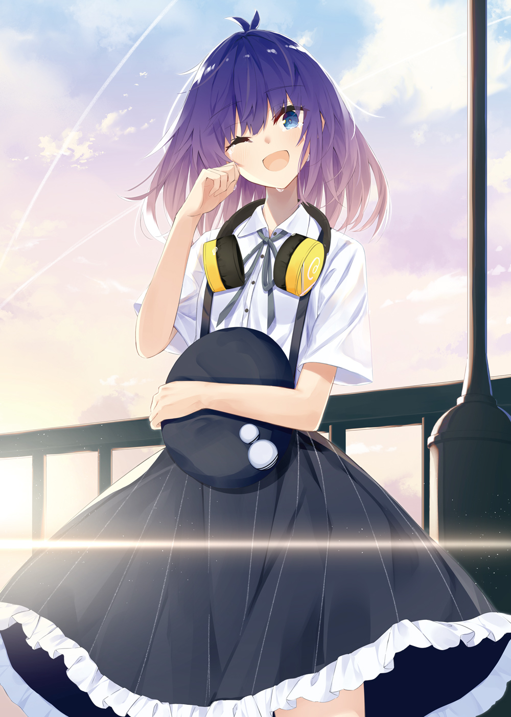 1girl ;d beret black_headwear blue_eyes brown_hair collared_shirt commentary_request crying crying_with_eyes_open dress_shirt frilled_skirt frills gradient_hair grey_ribbon hand_up happy_tears hat hat_removed head_tilt headphones headphones_around_neck headwear_removed highres kavka lamppost multicolored_hair neck_ribbon one_eye_closed open_mouth original outdoors purple_hair railing ribbon shirt short_sleeves skirt smile solo standing striped sunset suspender_skirt suspenders tears vertical-striped_skirt vertical_stripes white_shirt
