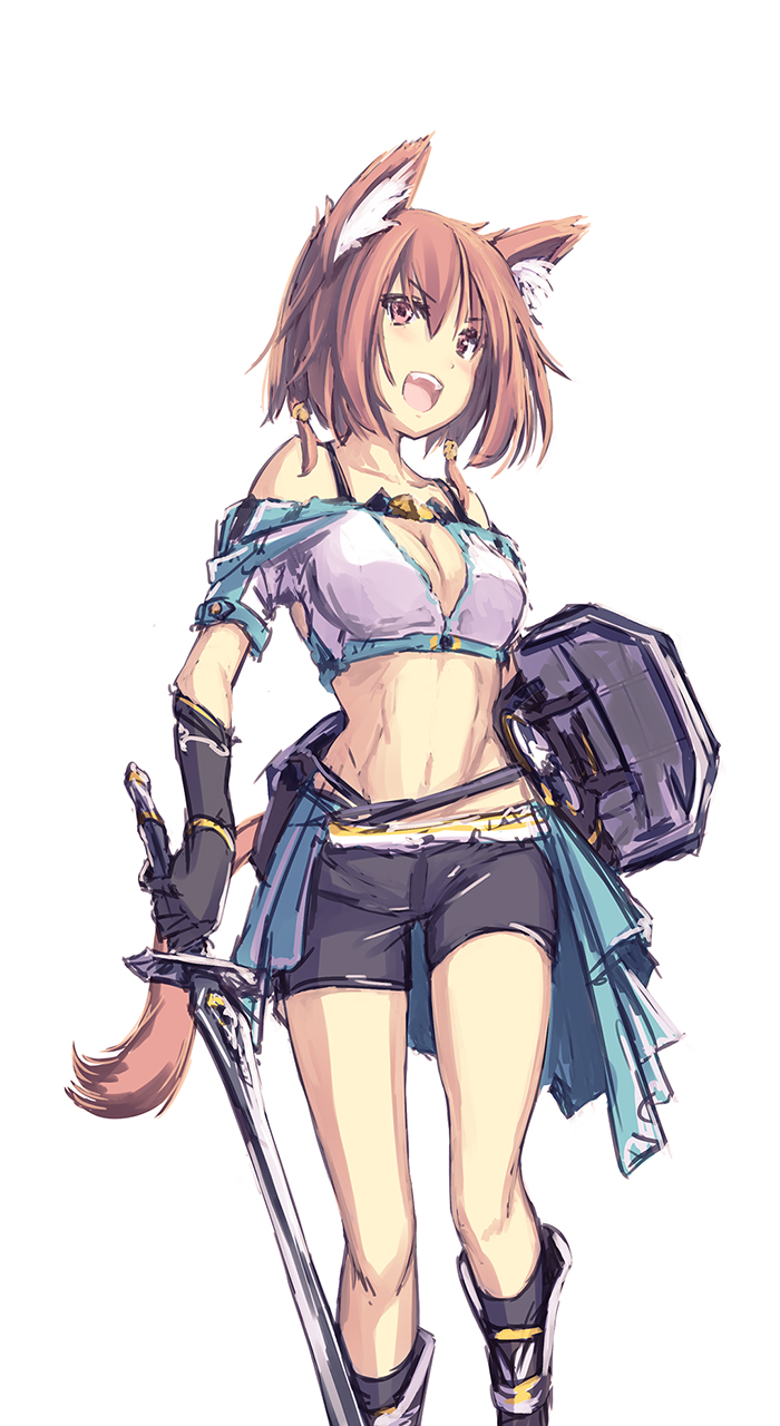 1girl animal_ears bare_shoulders bike_shorts black_gloves black_legwear boots brown_eyes collarbone fangs gloves hair_ornament highres holding kneehighs midriff open_mouth original shield short_hair simple_background sketch solo sword tail tenmaso weapon white_background