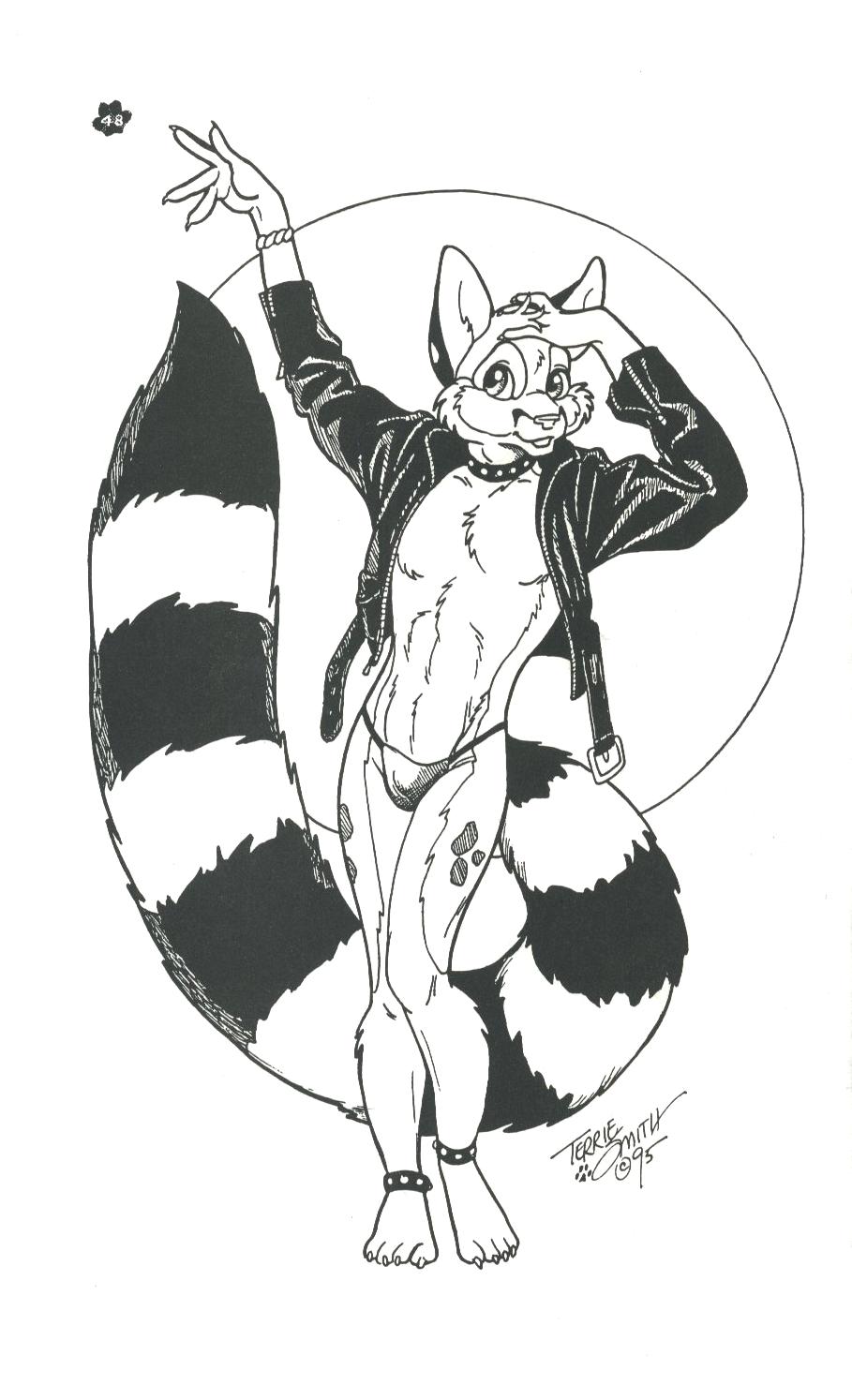 anthro black_and_white bracelet bulge cacomistle chester_ringtail_magreer clothed clothing fluffy fluffy_tail fur hi_res jacket jewelry leather leather_collar leather_jacket male mammal monochrome panties procyonid ringtail solo terrie_smith topwear traditional_media_(artwork) underwear