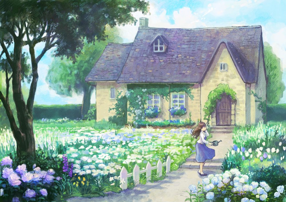 1girl ankle_socks black_footwear blue_dress blue_sky brown_hair cloud commentary_request day dress fence floating_hair flower garden hanagara_(k_tento) hand_on_own_head holding holding_watering_can house ivy looking_at_viewer original outdoors picket_fence planter rose shawl sky solo tree tulip watering_can white_legwear white_shawl wide_shot wind wind_lift wooden_fence