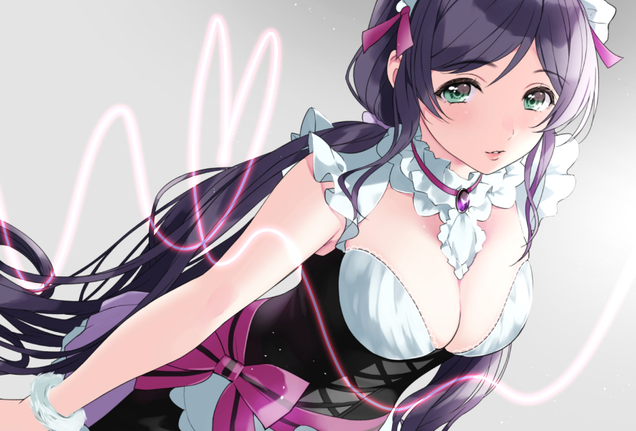 1girl bangs blush breasts cleavage corset eyebrows_visible_through_hair frills gradient gradient_background green_eyes headdress heart kate_iwana large_breasts lines lipstick long_hair looking_at_viewer love_live! love_live!_school_idol_project maid maid_headdress makeup mogyutto_"love"_de_sekkin_chuu! parted_bangs parted_lips purple_hair sash short_sleeves sidelocks simple_background solo toujou_nozomi twintails upper_body very_long_hair wrist_cuffs