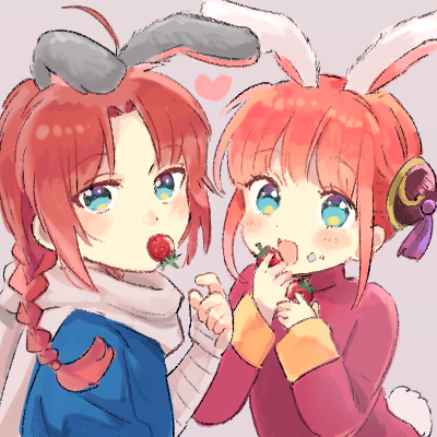 1boy 1girl :d ahoge animal_ears aqua_eyes arm_wrap bangs blue_eyes braid braided_ponytail brother_and_sister bun_cover bunny_boy bunny_ears bunny_girl bunny_tail chibi double_bun eating food food_on_face fruit gintama heart kagura_(gintama) kamui_(gintama) long_hair long_sleeves lowres mouth_hold nuka open_mouth red_hair scarf siblings sidelocks simple_background single_braid smile strawberry tail tassel upper_body