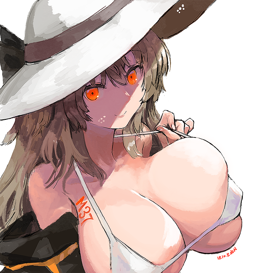 1girl artist_name bikini bikini_top black_jacket blonde_hair breasts e.de.n eyebrows_visible_through_hair girls_frontline hair_between_eyes hat ithaca_m37_(girls_frontline) jacket jacket_over_swimsuit large_breasts long_hair looking_at_viewer red_eyes smile solo sun_hat swimsuit white_background white_bikini white_headwear