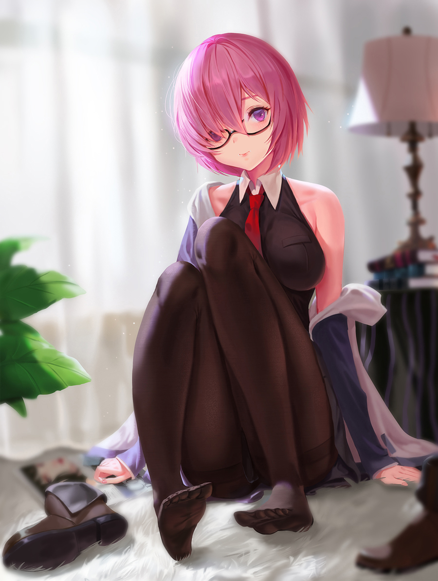 1girl bare_shoulders black_dress black_legwear breasts commentary dress eyes_visible_through_hair fate/grand_order fate_(series) feet fur-trimmed_legwear fur_trim glasses hair_over_one_eye jacket lavender_hair looking_at_viewer mash_kyrielight necktie pantyhose purple_eyes purple_hair sansan_(dongfangzhong111) shoes shoes_removed short_hair sitting