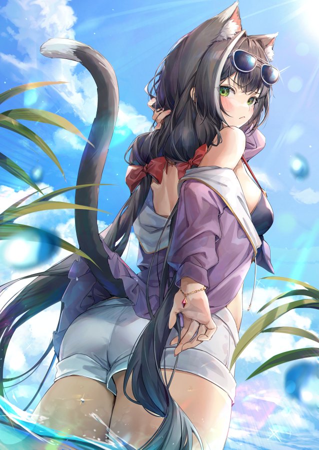:&lt; animal_ear_fluff animal_ears bangs bikini bikini_top black_hair blush bow bracelet cat_ears cat_girl cat_tail cloud eyebrows_visible_through_hair from_behind frown glasses glint green_eyes hair_bow hand_in_hair jewelry karyl_(princess_connect!) lens_flare light_rays long_hair looking_at_viewer looking_back mamemena multicolored_hair off_shoulder princess_connect! princess_connect!_re:dive shorts sky sunbeam sunglasses sunlight swimsuit tail twintails wading water white_shorts