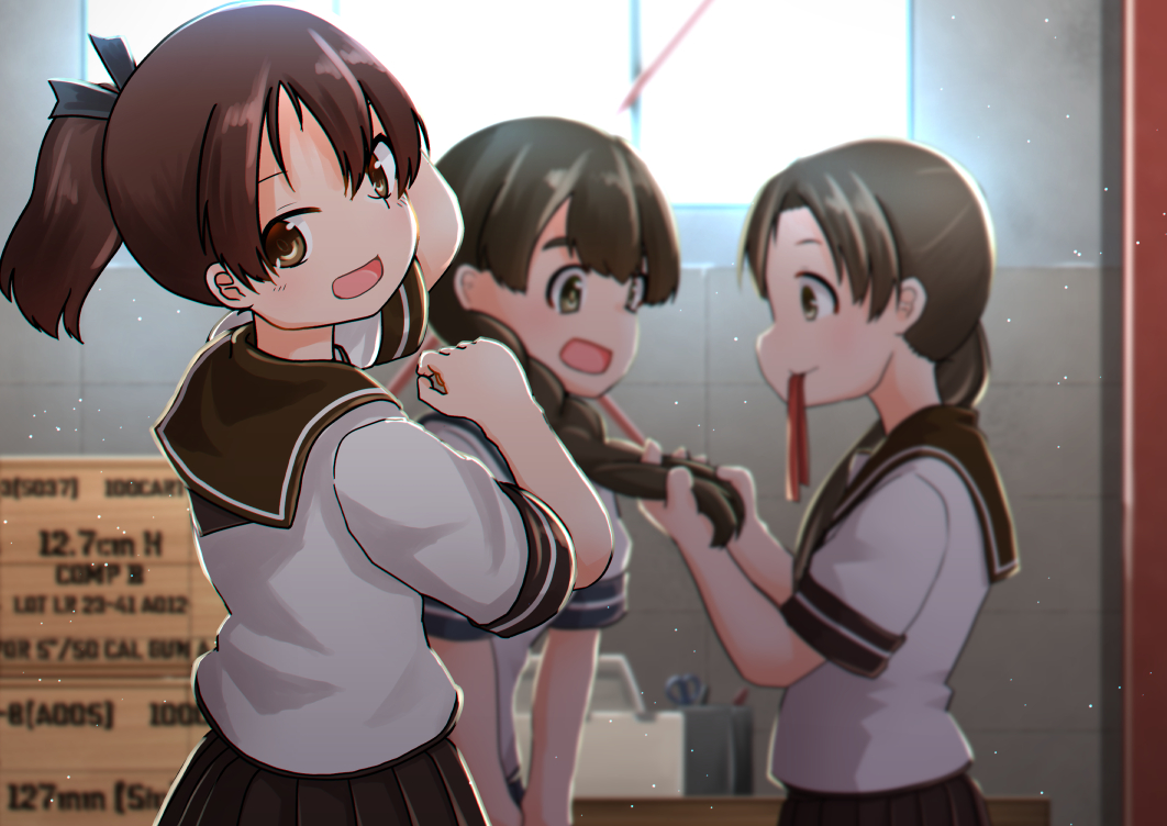 3girls ayanami_(kantai_collection) blue_sailor_collar blurry box braiding_hair brown_eyes brown_hair brown_sailor_collar brown_skirt cowboy_shot depth_of_field hair_ribbon hairdressing holding holding_hair kantai_collection kunsei_hamu long_hair looking_at_viewer mouth_hold multiple_girls open_mouth pleated_skirt ponytail ribbon sailor_collar shikinami_(kantai_collection) short_hair skirt uranami_(kantai_collection) window