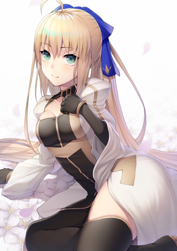 1girl ahoge artoria_pendragon_(all) artoria_pendragon_(caster) bangs banned_artist black_dress black_gloves black_legwear blonde_hair blush breasts cleavage_cutout closed_mouth dress elbow_gloves fate/grand_order fate_(series) gloves green_eyes kyoeiki long_hair long_sleeves looking_at_viewer small_breasts smile thighhighs thighs two-tone_dress white_dress