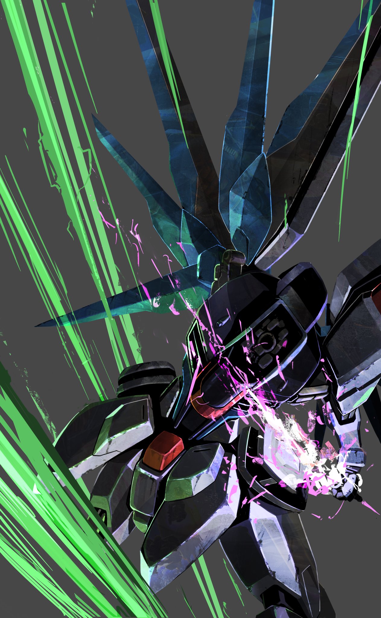 beam_saber deraken flying freedom_gundam grey_background gundam gundam_seed headless highres holding holding_sword holding_weapon mecha mechanical_wings missing_limb no_humans solo sword weapon wings