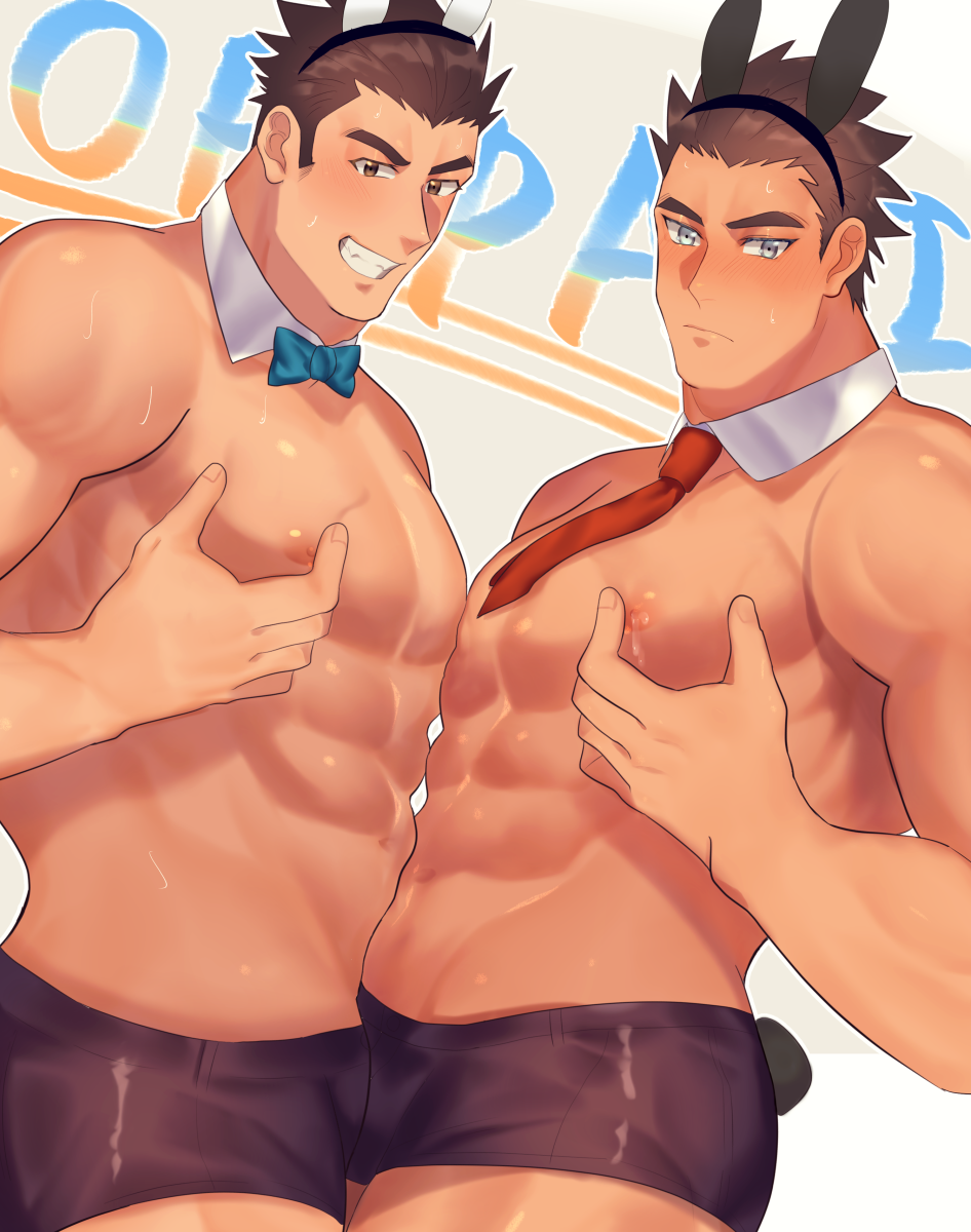 2boys abs animal_ears bara black_hair bow bowtie boxer_briefs bulge bunny_boy chest clone facial_hair fake_animal_ears goatee highres kihane_atsusane male_focus male_underwear manly master_3_(tokyo_houkago_summoners) multiple_boys muscle navel nipples pectoral_docking pectoral_press pectorals shirtless short_hair sideburns thick_thighs thighs tokyo_houkago_summoners underwear upper_body