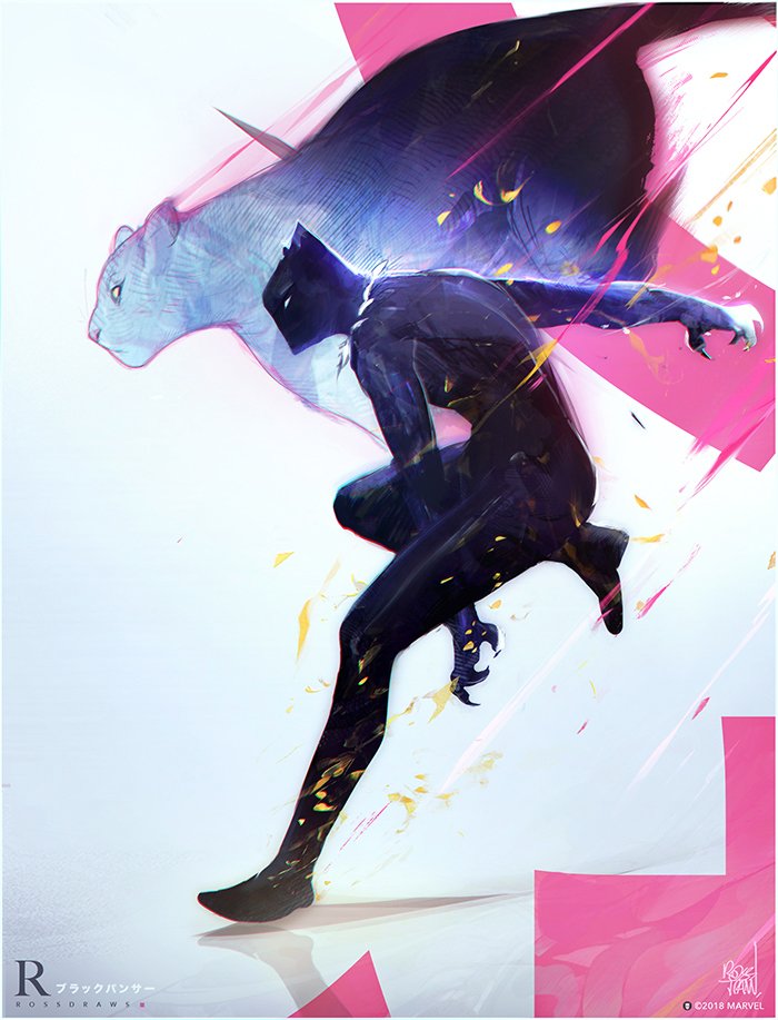 1boy animal artist_name black_bodysuit black_panther black_panther_(film) black_panther_(marvel) bodysuit chadwick_boseman claws english_commentary full_body male_focus marvel panther ross_tran superhero watermark