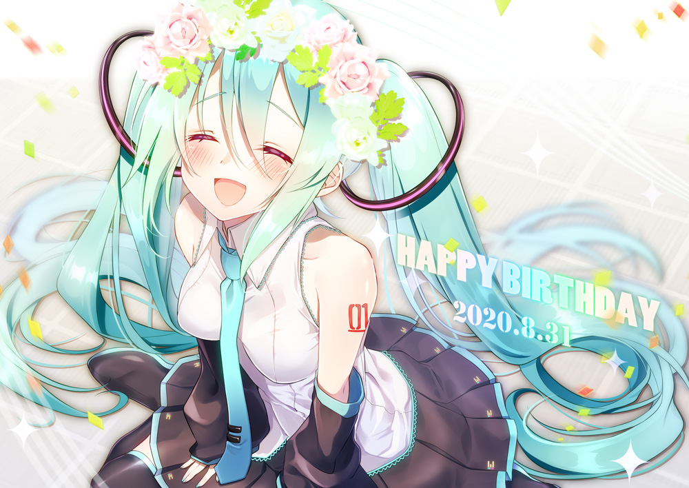 1girl :d aqua_hair bare_shoulders black_skirt black_sleeves blush breasts closed_eyes commentary dated detached_sleeves hair_between_eyes happy_birthday hatsune_miku head_wreath long_hair maronie. medium_breasts necktie number_tattoo open_mouth pleated_skirt shirt shoulder_tattoo sitting skirt sleeveless sleeveless_shirt smile solo tattoo twintails very_long_hair vocaloid white_shirt