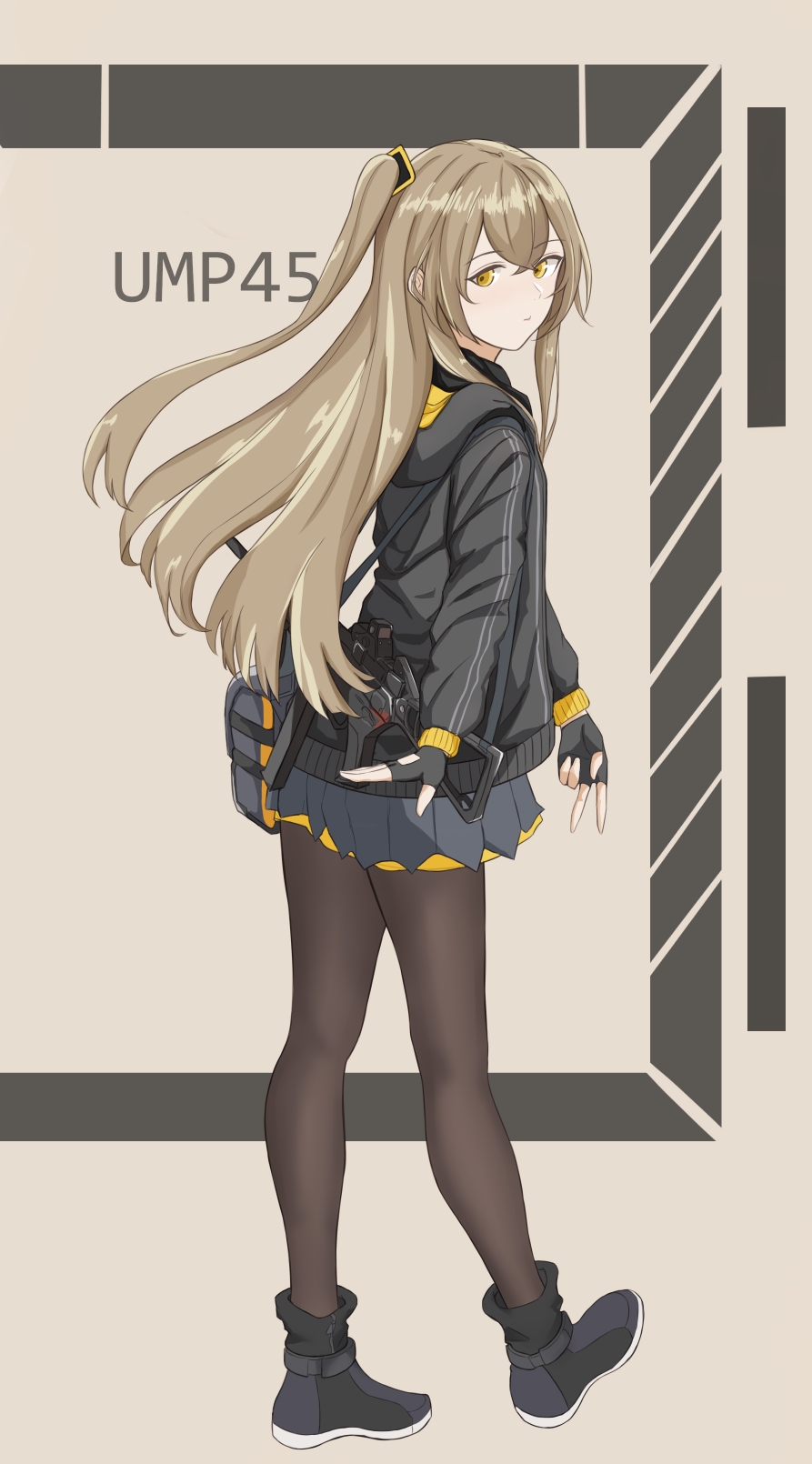 1girl bag black_footwear black_gloves black_jacket black_legwear black_skirt brown_eyes brown_hair character_name closed_mouth eva1314056 eyebrows_visible_through_hair fingerless_gloves girls_frontline gloves hair_ornament highres hood hooded_jacket jacket long_hair looking_at_viewer open_eyes pantyhose shoes simple_background skirt solo ump45_(girls_frontline) v