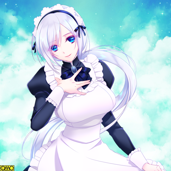 1girl black_bow blue_eyes bow breasts cloud day hand_up large_breasts long_sleeves maid maid_headdress mi3m omc outdoors puffy_long_sleeves puffy_sleeves short_hair silver_hair smile solo upper_body watermark