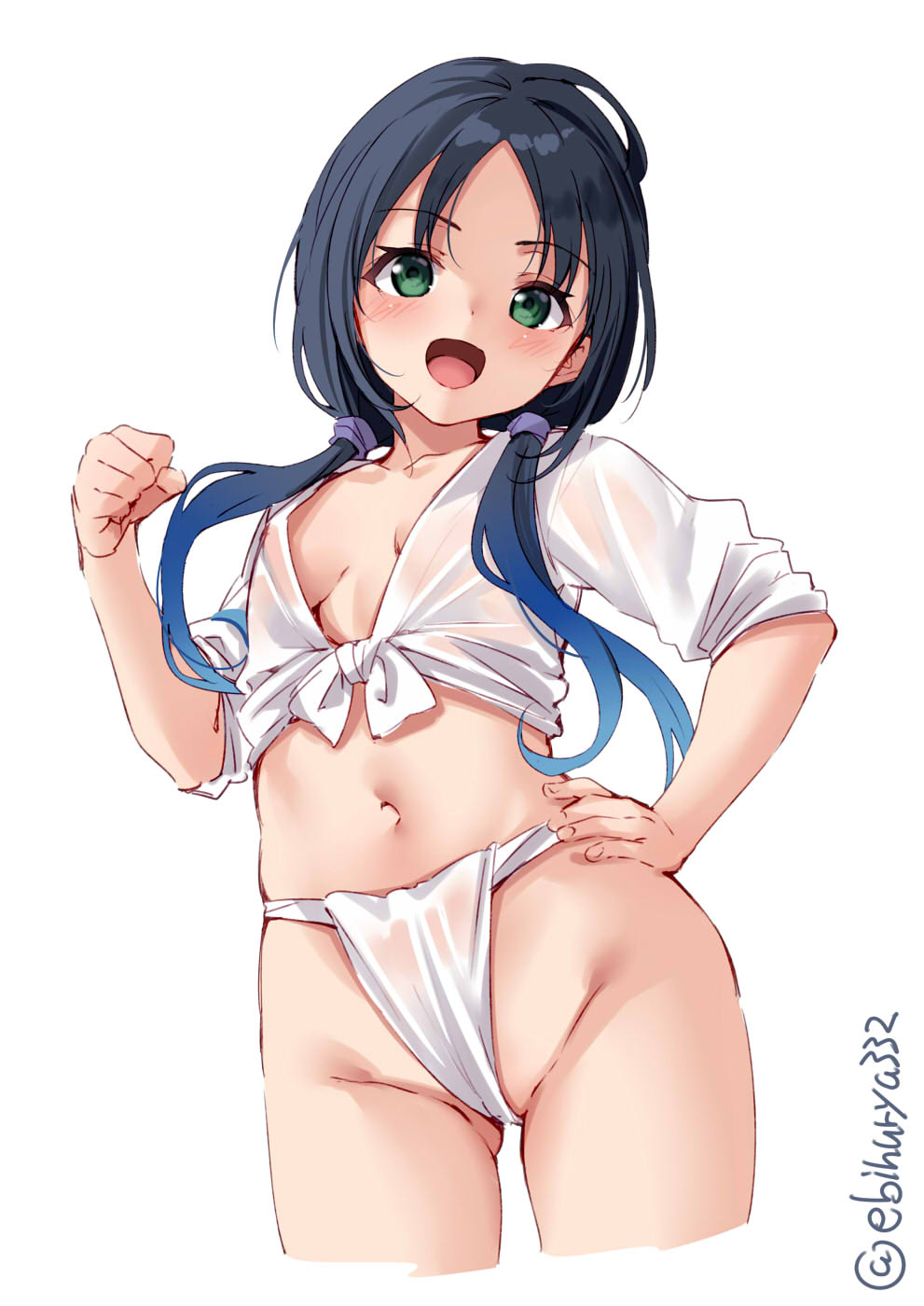 1girl blue_hair blush breasts clenched_hand collarbone cropped_legs ebifurya green_eyes groin hand_on_hip highres kantai_collection long_hair low_twintails navel open_mouth see-through simple_background small_breasts smile solo suzukaze_(kantai_collection) twintails twitter_username white_background
