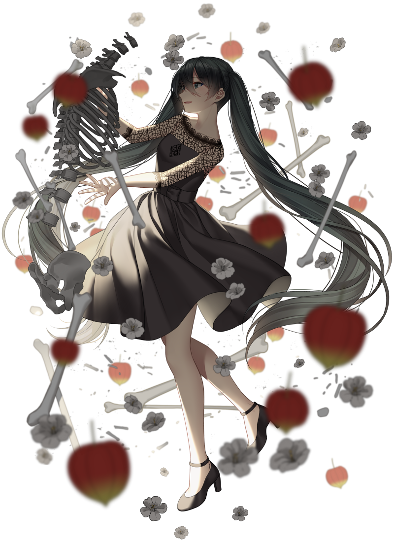 1girl bangs black_dress black_footwear blurry_foreground breasts collarbone commentary_request dress falling_leaves flower from_side grey_flower hatsune_miku high_heels jenevan leaf long-hair long_hair long_sleeves medium_breasts otome_dissection_(vocaloid) parted_lips shoes skeleton skull smile solo very_long_hair white_background