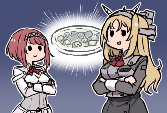 2girls ark_royal_(kantai_collection) blonde_hair brown_gloves buttons closed_mouth corset crossed_arms fingerless_gloves flower food gloves hairband headgear jacket kantai_collection long_hair long_sleeves military military_uniform multiple_girls nelson_(kantai_collection) open_mouth red_flower red_hair red_ribbon red_rose ribbon rose short_hair smile terrajin tiara uniform white_jacket