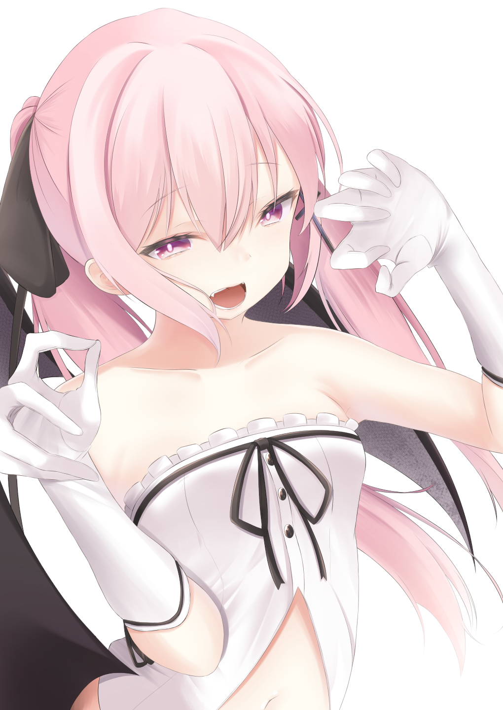 1girl arms_up breasts collarbone demon_girl demon_wings doyachii fang floating_hair gloves highres long_hair navel navel_cutout open_mouth original pink_hair red_eyes sleepwear small_breasts twintails white_gloves wings