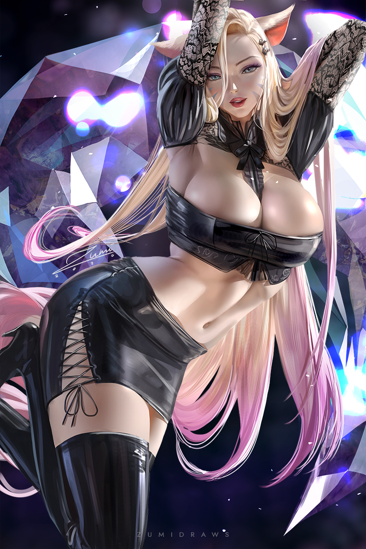 ahri animal_ears arms_up banned_artist black_legwear blonde_hair boots breasts cleavage commentary english_commentary facial_mark fox_ears fox_tail hair_ornament high_heels k/da_(league_of_legends) large_breasts league_of_legends lipstick long_hair looking_at_viewer makeup midriff multicolored_hair multiple_tails navel pink_hair solo tail thigh_boots thighhighs two-tone_hair whisker_markings zumi_(zumidraws)