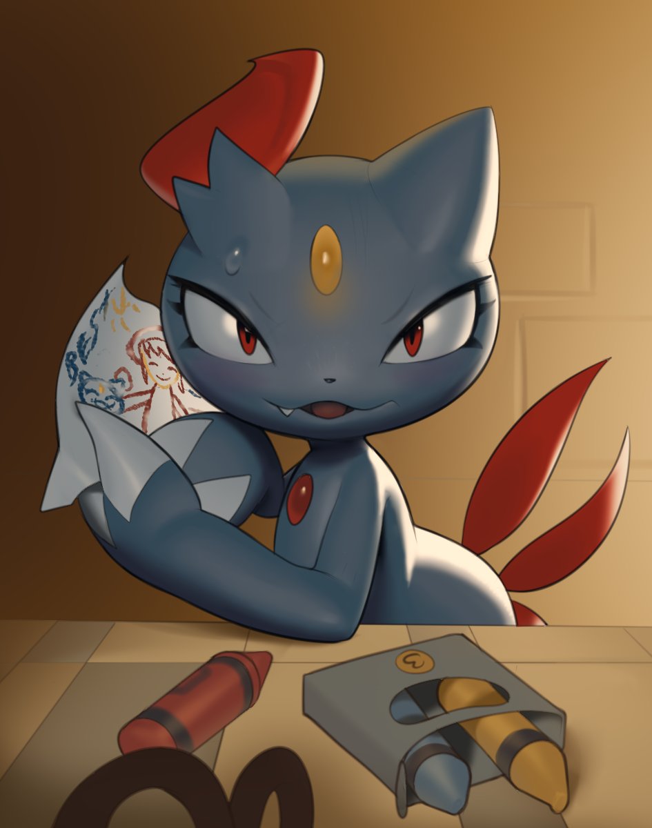 ambiguous_gender anthro bodily_fluids box claws crayons drawing embarrassed furniture hi_res holding_object inkune looking_at_viewer nintendo open_mouth paper pok&eacute;mon pok&eacute;mon_(species) sneasel solo sweat table teeth video_games writing_(disambiguation)