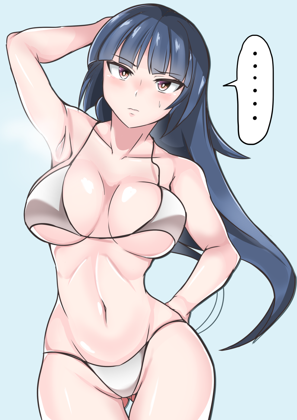... 1girl arm_behind_back arm_up armpits bangs bikini blush breasts cleavage collarbone commentary_request cowboy_shot embarrassed eyebrows_visible_through_hair grey_bikini hand_behind_head hand_on_hip highres large_breasts long_hair looking_at_viewer natsume_(pokemon) navel pink_eyes pokemon pokemon_(game) pokemon_frlg shiny shiny_hair shiny_skin simple_background solo speech_bubble spoken_ellipsis sumida_kichi sweatdrop swimsuit
