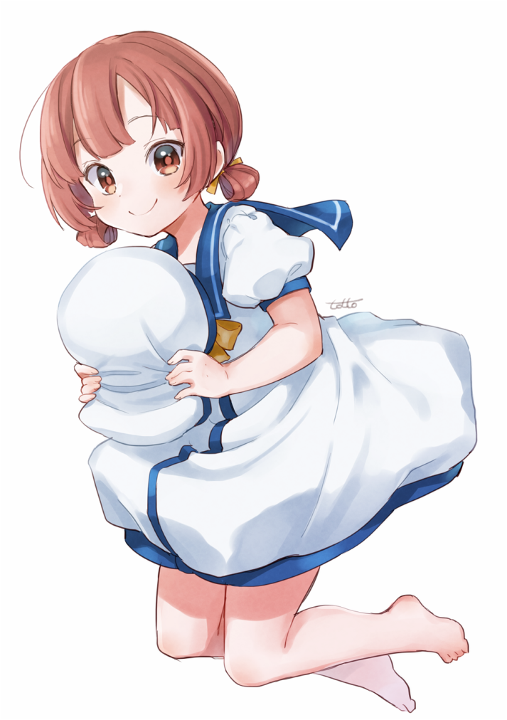 1girl bangs barefoot blush brown_eyes brown_hair closed_mouth commentary_request dress eyebrows_visible_through_hair full_body hat hat_removed headwear_removed holding kaiboukan_no._4_(kantai_collection) kantai_collection looking_at_viewer puffy_short_sleeves puffy_sleeves sailor_collar sailor_dress sailor_hat short_sleeves simple_background smile solo totto_(naka) twintails white_background white_dress white_headwear
