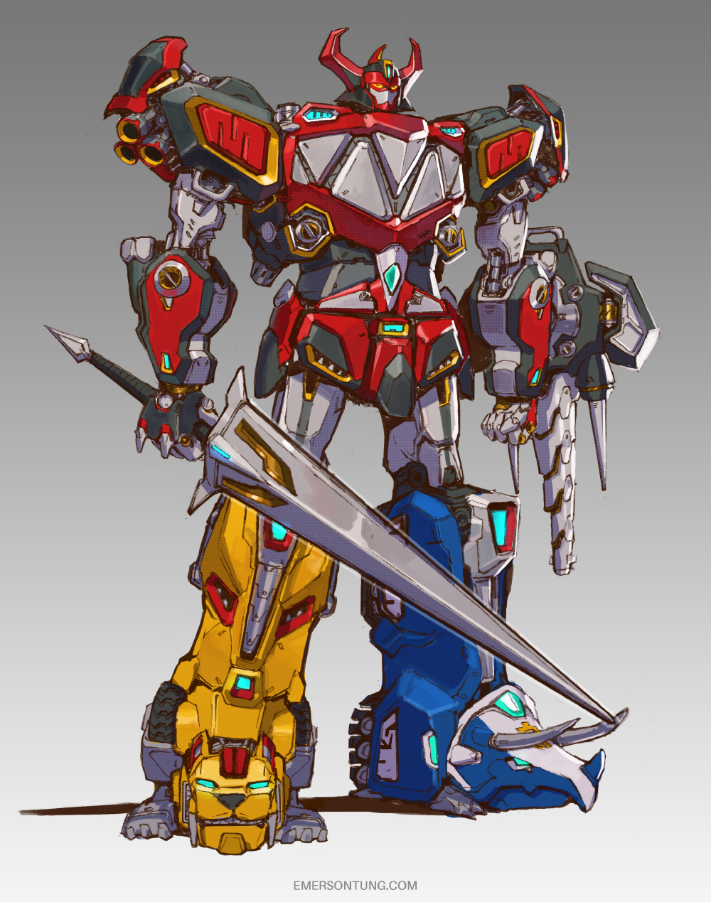 clenched_hand daijuujin emerson_tung english_commentary gradient gradient_background highres holding holding_sword holding_weapon horns kyouryuu_sentai_zyuranger looking_up mecha megazord mighty_morphin_power_rangers no_humans power_rangers redesign solo super_sentai sword tokusatsu weapon yellow_eyes